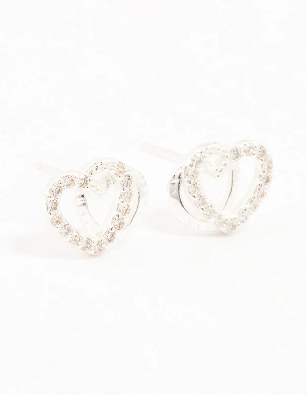 Women’s halo diamond earrings-Sterling Silver Cubic Zirconia Heart Link Stud Earrings