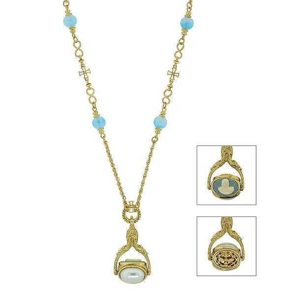 Women’s opal pendant necklace-Symbols Of Faith Triple Spinner Faux Pearl Mary Cameo Blue Bead Pendant Necklace 30"