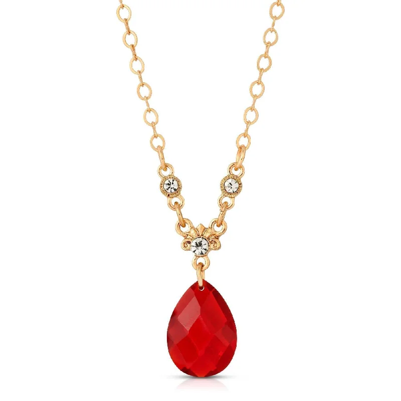 Women’s heart pendant necklace-1928 Jewelry Siam Red Teardrop Stone Pendant Necklace 16" + 3" Extender