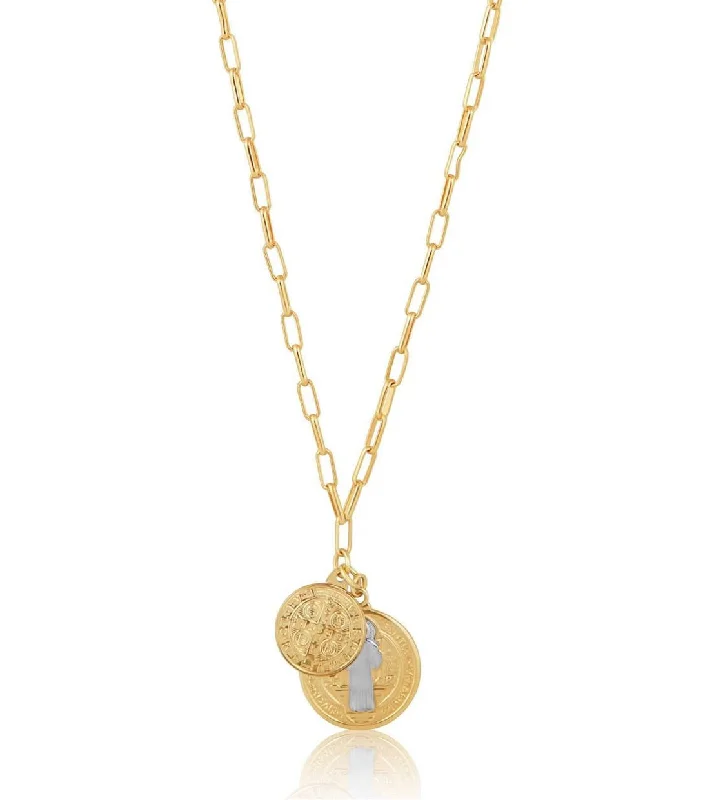 Women’s long chain necklace-Saint II - St. Benedict Coin Necklace