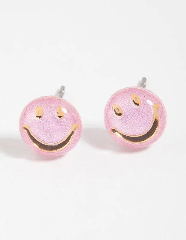 Women’s silver drop earrings-Gold Happy Face Stud Earrings