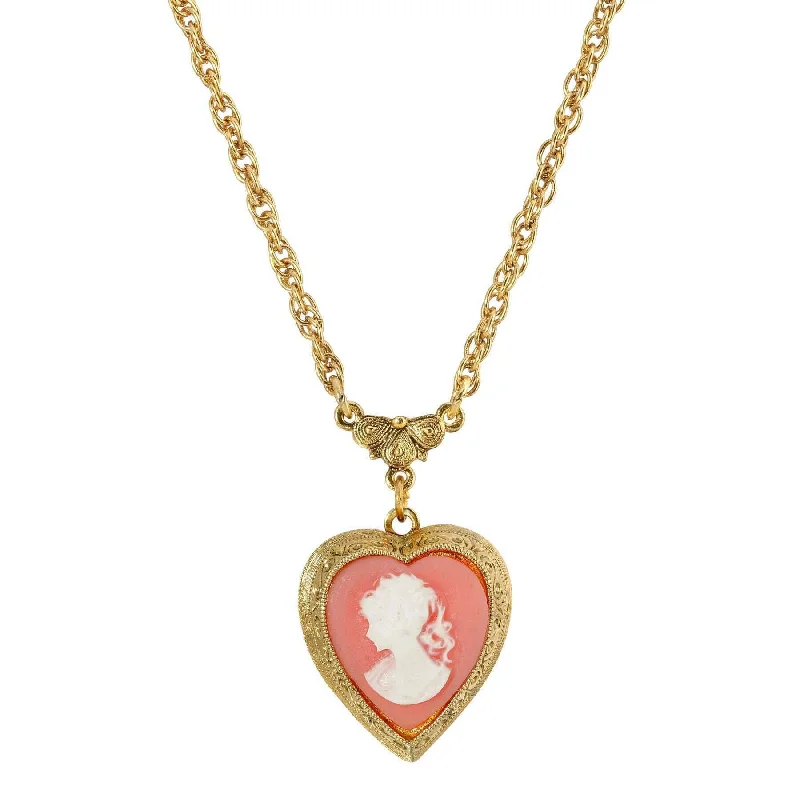 Women’s wedding necklace with diamonds-1928 Jewelry Pink Heart Cameo Locket Necklace 16" + 3" Extender