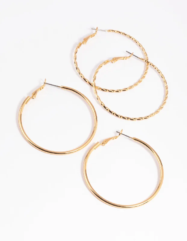 Women’s silver earrings-Gold Twisted Hoop Earring Set