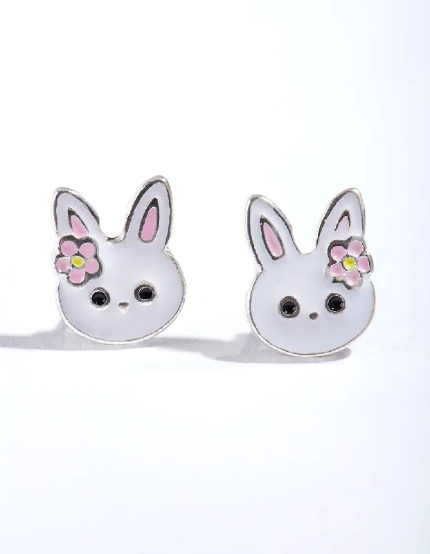 Women’s floral earrings-Silver Cute Bunny Stud Earrings