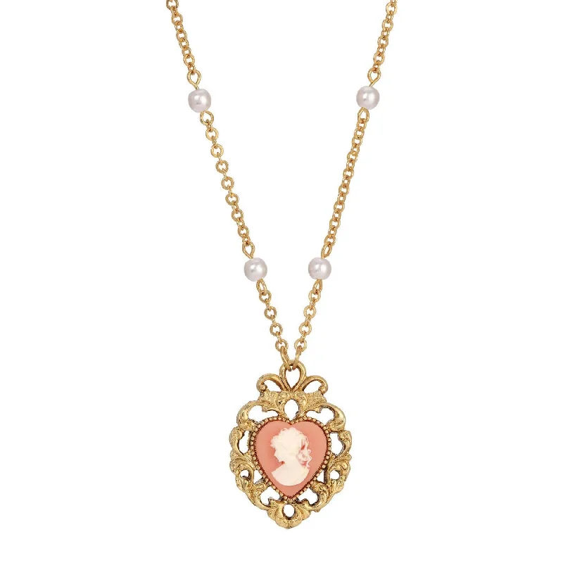 Women’s boho pendant necklace-1928 Jewelry Pink Cameo Heart Pendant Faux Pearl Necklace 24"L