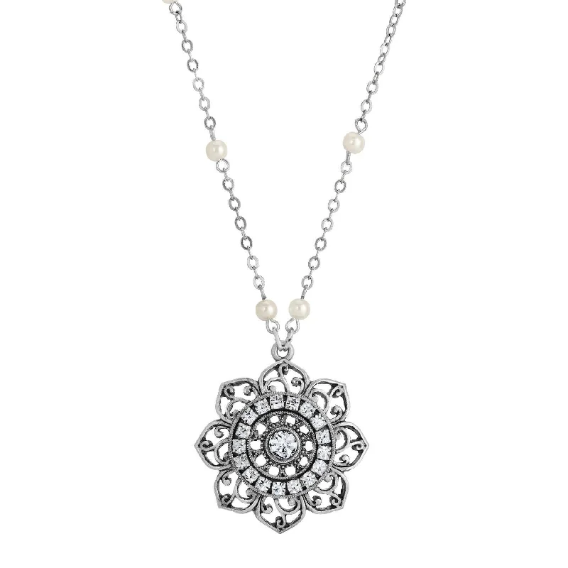 Women’s infinity necklace-1928 Jewelry Majestic Crystal Flower Faux Pearl Pendant Necklace 18"