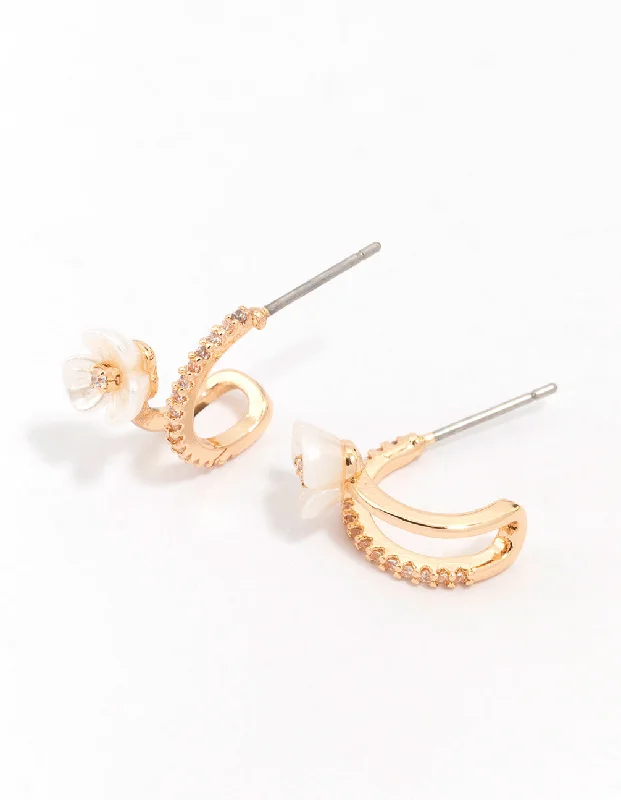 Women’s personalized earrings-Gold Cubic Zirconia Flower Double Hoop Earrings