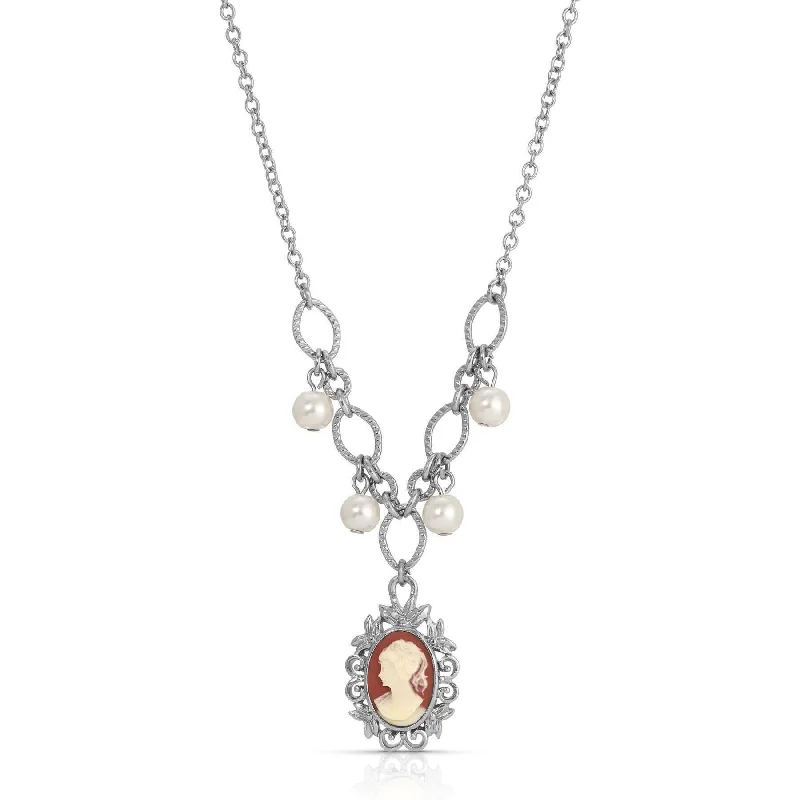 Women’s rose gold necklace-1928 Jewelry Floral Filigree Carnelian Red Cameo Pearl Pendant Necklace Pendant Necklace 16" + 3" Extender