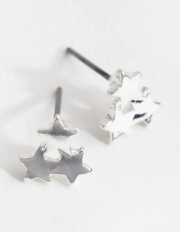 Women’s chic earrings-Silver Triple Star Stud Earrings