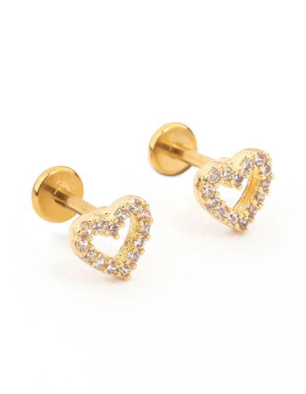 Women’s silver earrings-Gold Plated Surgical Steel Cubic Zirconia Open Heart Flat Back 2-Pack