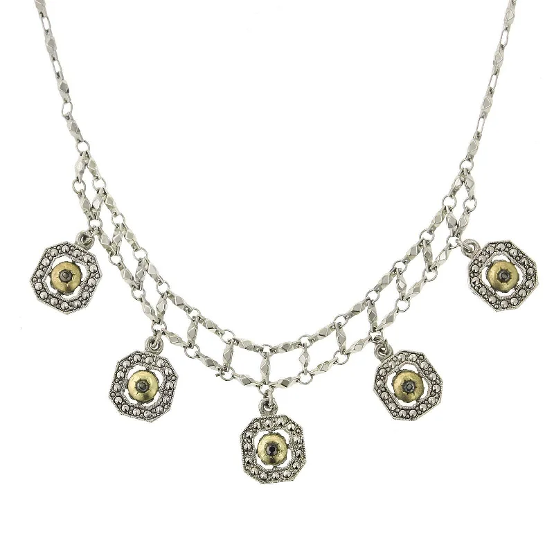 Women’s pearl choker necklace-1928 Jewelry 5 Faux Marcasite & Gold Tone Octagon Drop Necklace 15" + 3" Extender