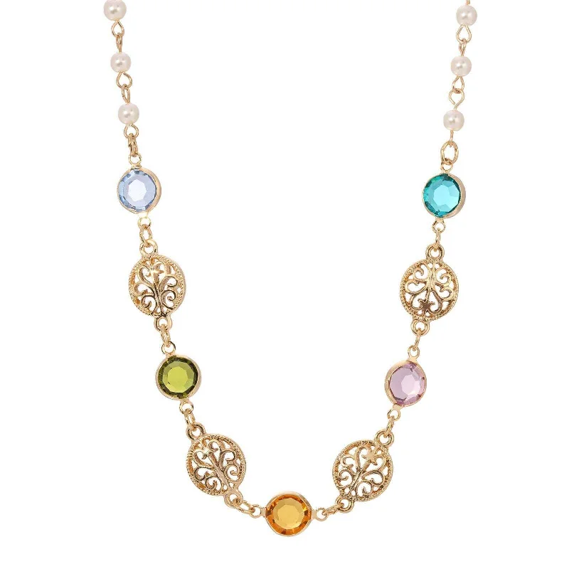 Women’s oval pendant necklace-1928 Jewelry Multicolor Euro Channel Crystal Faux Pearl Necklace 15" + 3" Extender