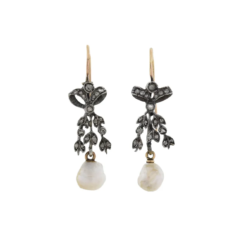 Women’s rose gold drop earrings-Victorian Sterling/14kt Rose Cut Diamond + Natural Pearl Bow Motif Earrings