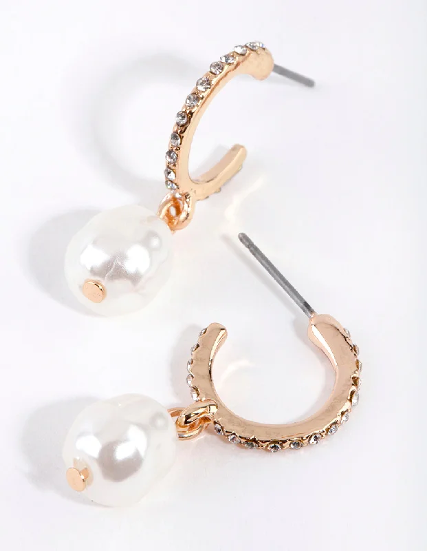 Women’s emerald drop earrings-Gold Diamante Pearl Open Hoop Earrings