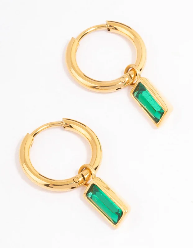 Women’s vintage earrings-Waterproof  Gold Plated Stainless Steel Classic Baguette Huggie Earrings