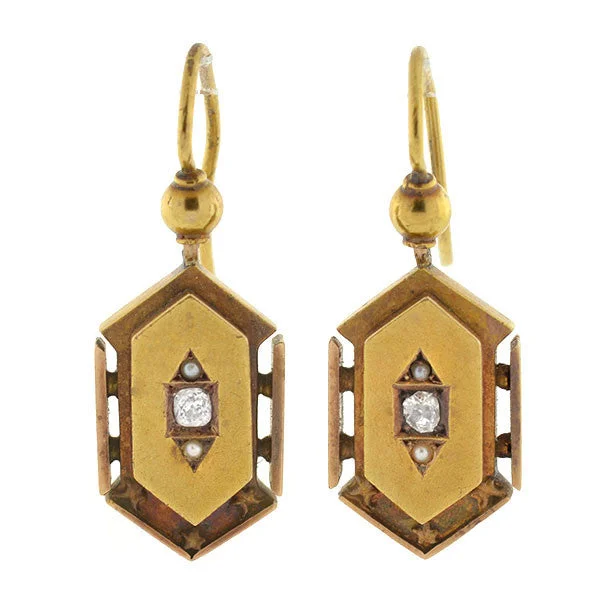 Women’s casual earrings-Victorian 14kt Seed Pearl & Diamond Earrings