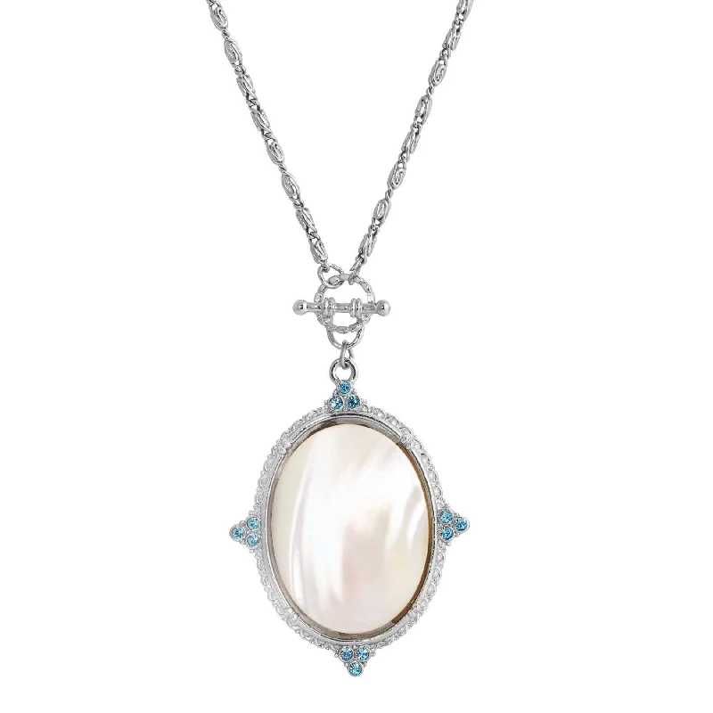 Women’s vintage gold necklace-1928 Jewelry Aquamarine Crystal Mother Of Pearl Oval Pendant Toggle Necklace 30"