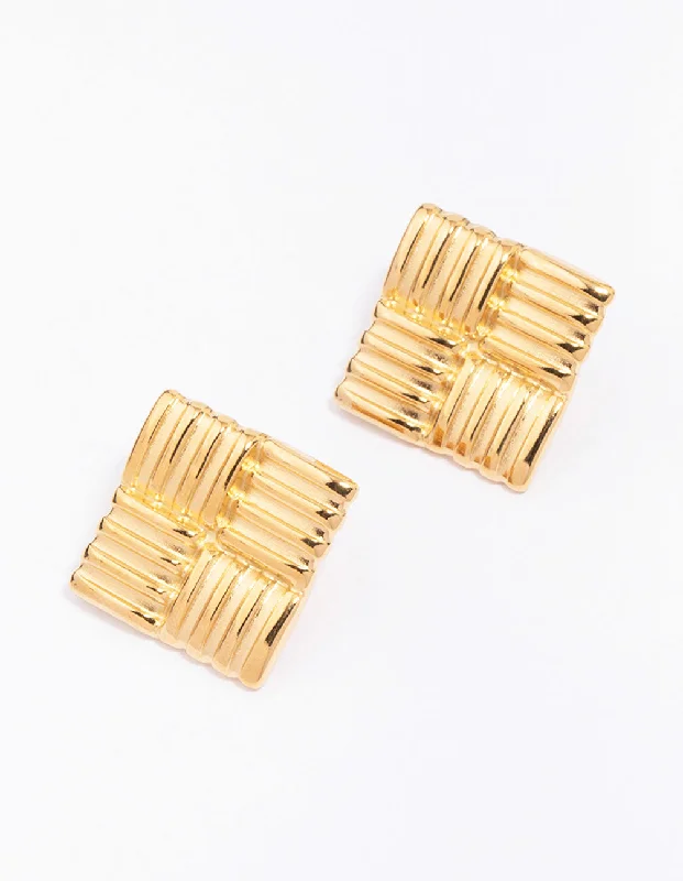 Women’s black gold earrings-Waterproof Gold Plated Stainless Steel Square Ribbed Stud Earrings