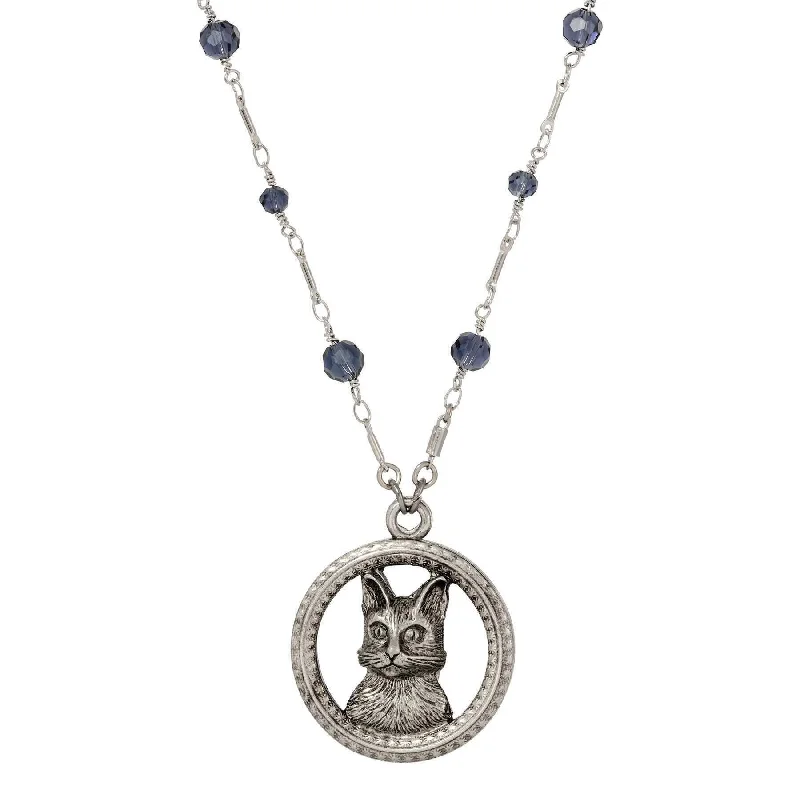 Women’s crystal charm necklace-1928 Jewelry Montana Blue Crystal Floral Adorned Cat Pendant Necklace 28"