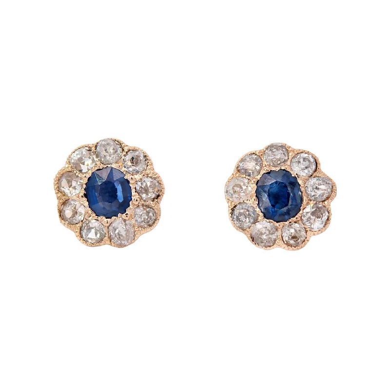 Women’s gold hoop earrings-Victorian 18k Sapphire with Diamond Halo Stud Earrings