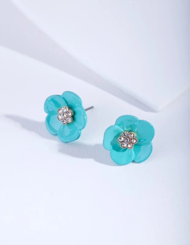 Women’s pearl stud earrings-Teal Flower Diamante Stud Earrings