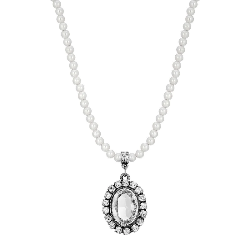 Women’s wedding necklace with diamonds-1928 Jewelry Oval Vivid Austrian Crystal Pendant 4mm Faux Pearl Strand Necklace 15" + 3" Extender