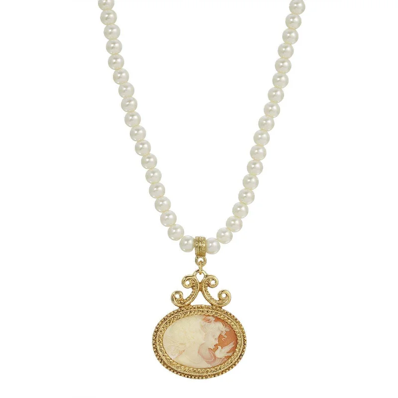 Women’s gemstone pendant necklace-1928 Jewelry 5mm Faux Pearl Strand Twin Muse And Bird Cameo Pendant Necklace 15" + 3" Extender