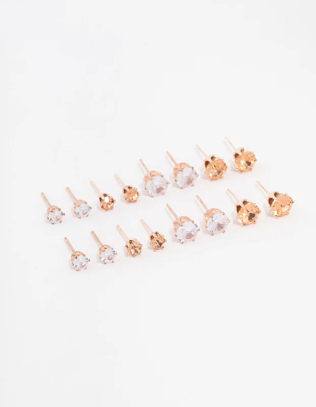 Women’s elegant earrings-Rose Gold Basic Diamante Stud Earrings 8-Pack