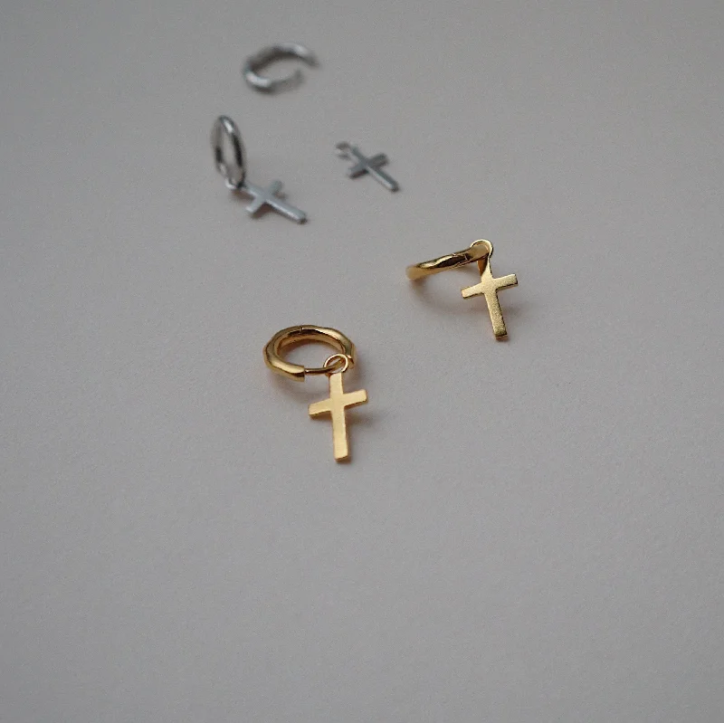 Women’s sapphire earrings-Liquid Huggies + Cross Charms