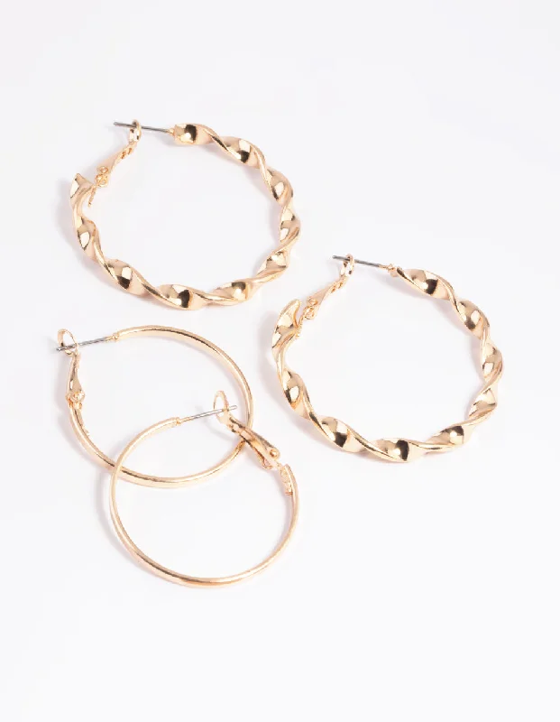 Women’s colorful earrings-Gold Wide Ribbon Hoop Earring Set