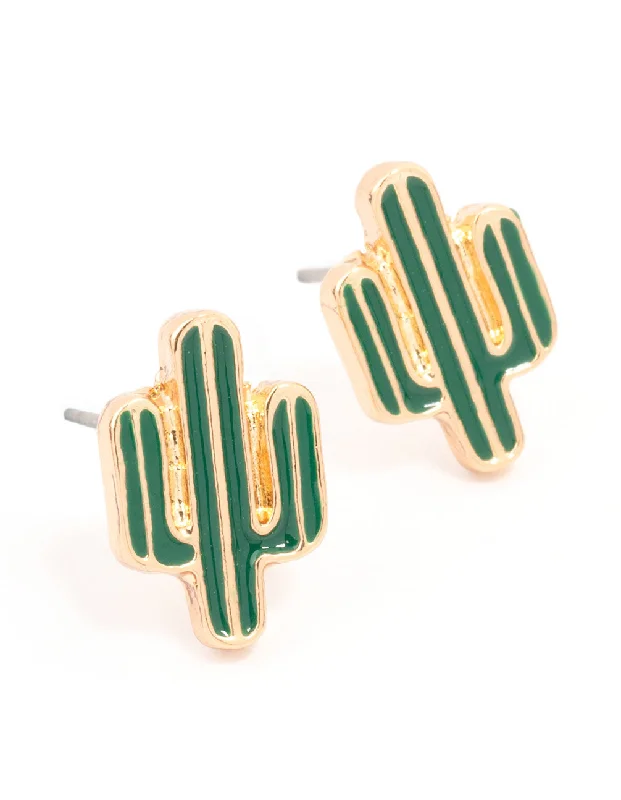 Women’s stud and hoop earrings-Gold Epoxy Cactus Stud Earrings