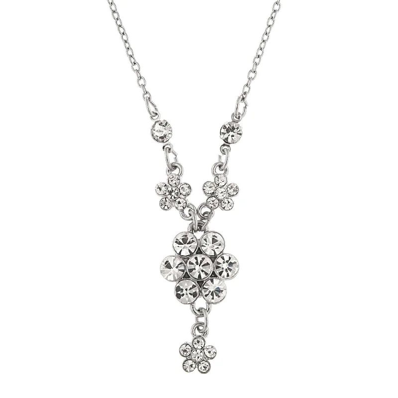 Women’s pearl necklace with silver-2028 Jewelry Crystal Flower Cluster Pendant Necklace 16" + 3" Extender