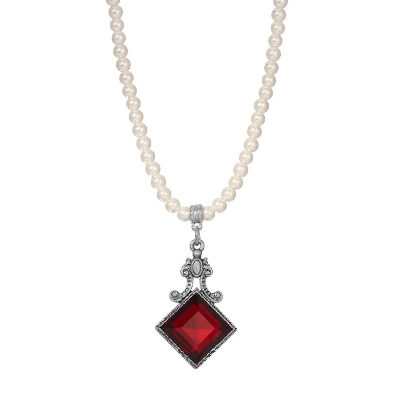 Women’s custom necklaces-1928 Jewelry Square Siam Red Stone & Scroll 4mm Faux Pearl Strand Necklace 15" + 3" Extender