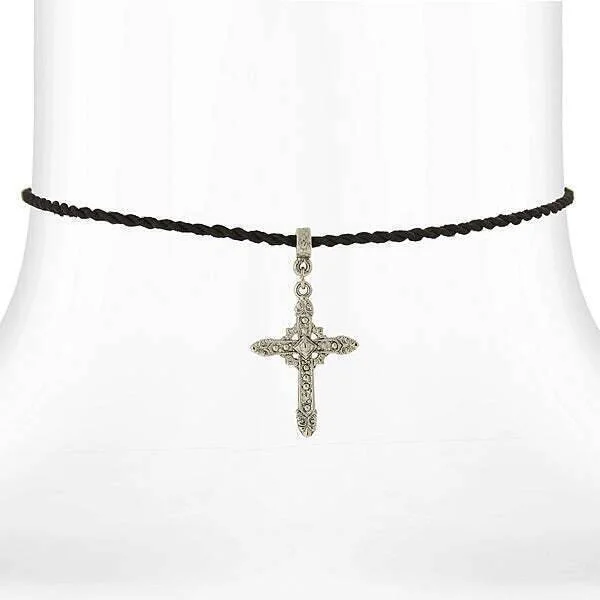 Women’s adjustable necklace-Symbols Of Faith Vintage Style Silver Cross Pendant Black Rayon Cord Necklace 15" + 3" Extender