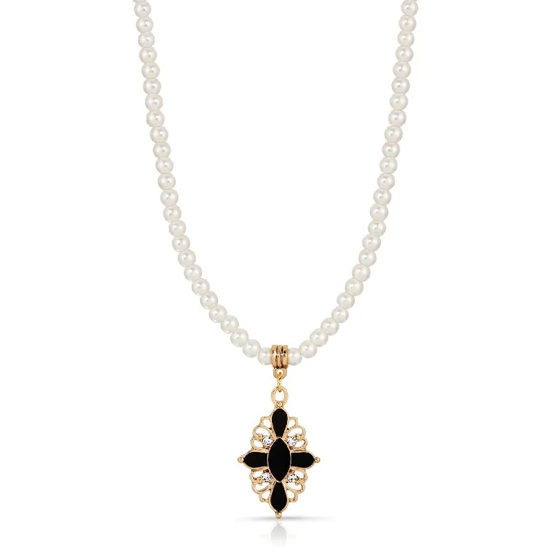 Women’s chokers necklace-1928 Jewelry Enamel & Stone Black Cross 4mm Faux Pearl Strand Pendant Necklace 15"+ 3" Extender