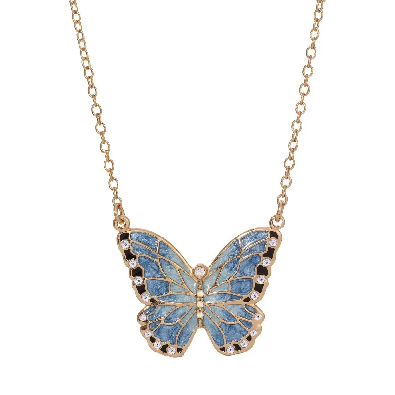 Women’s silver pendant necklace-1928 Jewelry Blue Enamel Crystal Butterfly Pendant Necklace 18" + 3" Extender