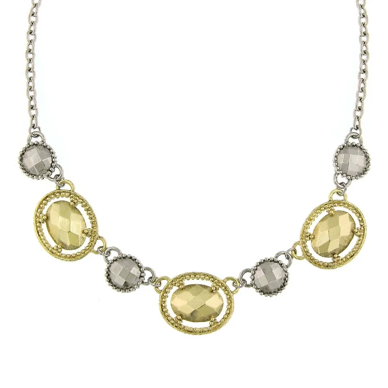 Women’s gold plated necklace-2028 Jewelry Silver And Faceted Oval Collar Necklace 16" + 3" Extender