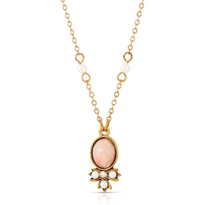 Women’s art deco necklace-1928 Jewelry Rosabella Peach Faux Pearl Crystal Accent Pendant Necklace 16" + 3" Extender