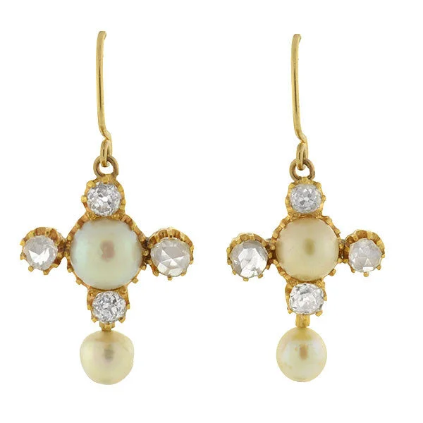 Women’s gold drop earrings-Victorian 14kt Rose & Mine Cut Diamond & Pearl Earrings