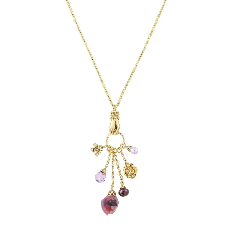 Women’s rose gold necklace-1928 Jewelry Amethyst Color Multi Charm Hand Pendant Necklace 30"