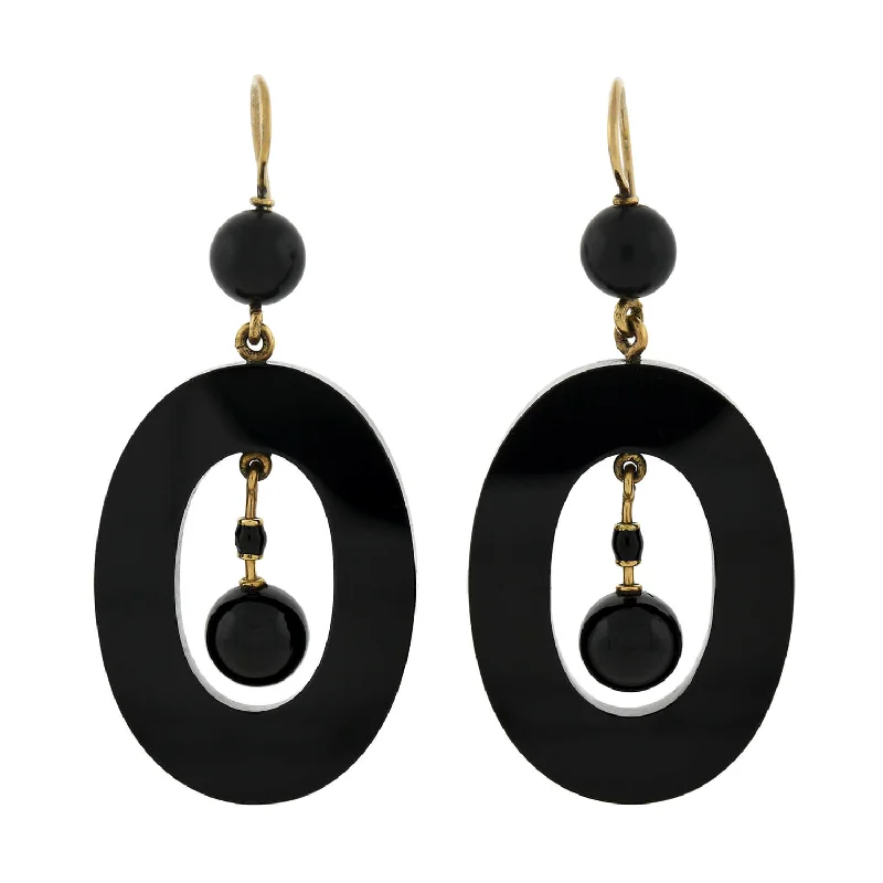 Women’s pearl earrings-Victorian Large 14kt Carved Onyx Oval-Shaped Hoop Earrings