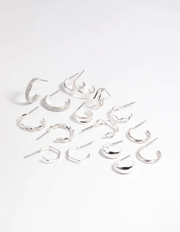 Women’s gold hoop earrings-Silver Textured Glitter Hoop Earring 8-Pack