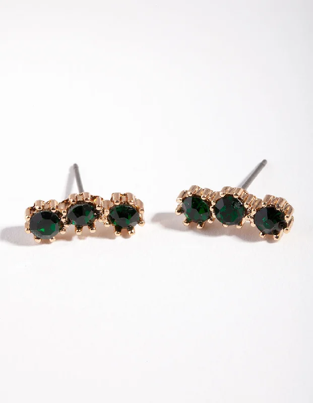 Women’s diamond stud earrings-Gold Triple Green Stone Stud Earrings