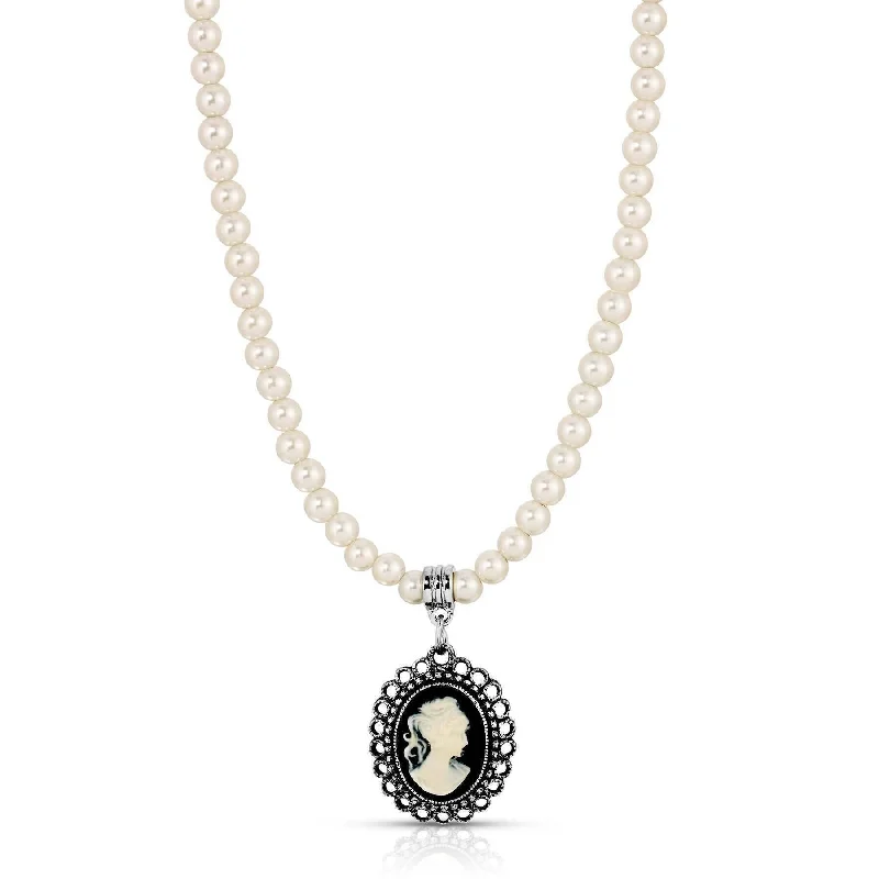 Women’s multicolored necklace-1928 Jewelry Black & White Cameo Pendant 4mm Faux Pearl Strand Necklace Necklace 15" + 3" Extension