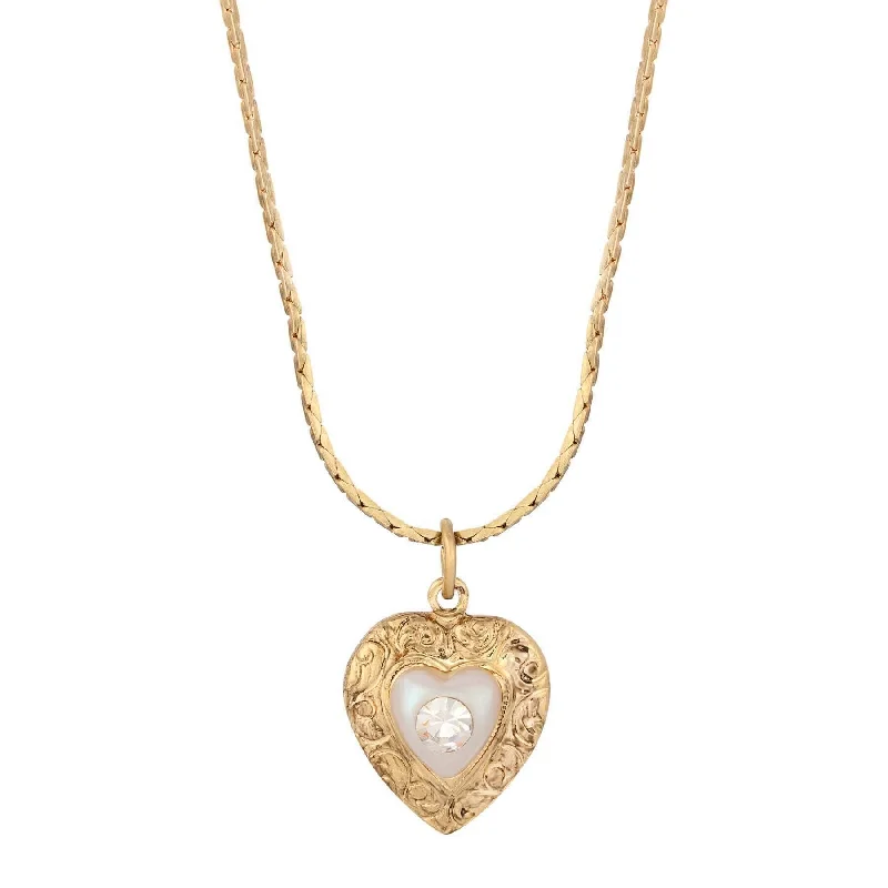 Women’s nameplate necklace-1928 Jewelry Faux Pearl Heart & Crystal Pendant Necklace 15" + 3" Extender