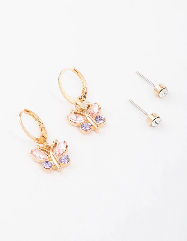 Women’s cz earrings-Gold Diamante Butterfly Stud Earring Pack