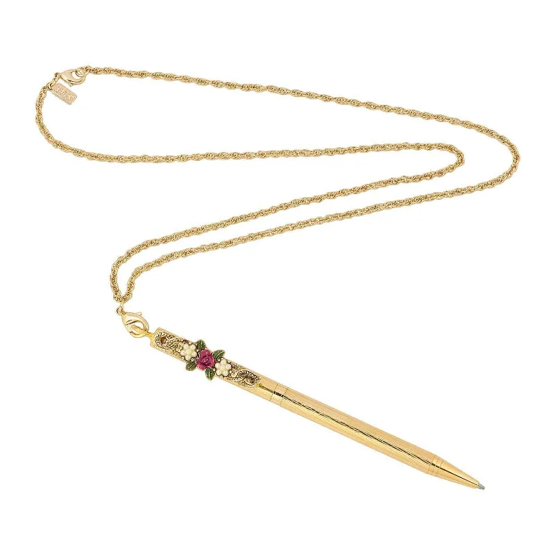 Women’s family birthstone necklace-1928 Jewelry Pink Flower & Faux Pearl Accents Ball Point Pen Necklace 28"