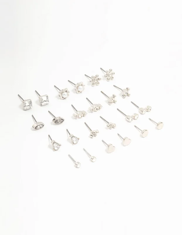 Women’s teardrop earrings-Silver Diamante Stud Earrings 12-Pack