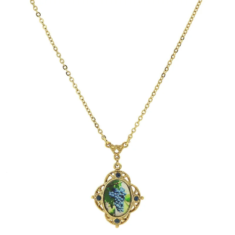 Women’s elegant gold necklace-1928 Jewelry Winery Montana Blue Accent Purple Grapes Decal Pendant Necklace 16" + 3" Extender