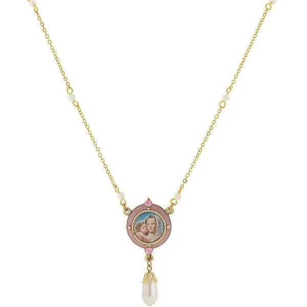 Women’s friendship necklace-Symbols Of Faith Pink & Faux Pearl Drop Pendant Mary And Child Necklace 16" + 3" Extender